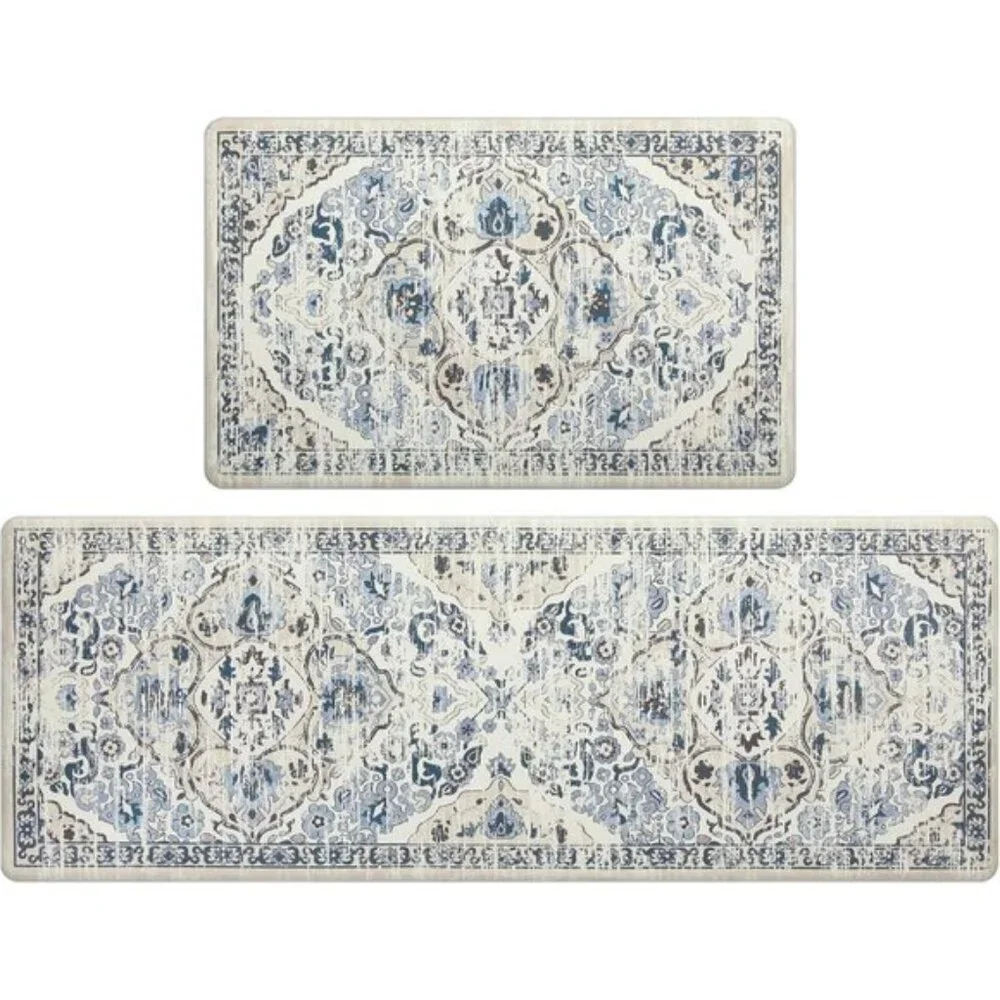 New Set of 2 Blue Cushioned Kitchen Rug, Anti-Fatigue, Non-Slip, Waterproof